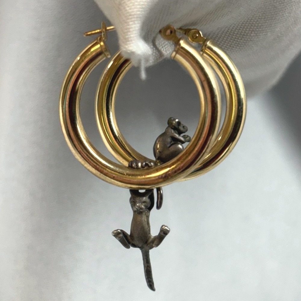 Peter Brams Hoop Earrings Womens OS Gold Excellent Cat Mouse 14K 925 Vintage